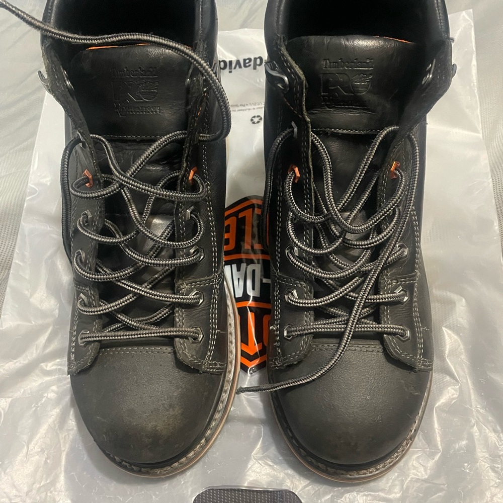 Timberland PRO Black Leather Work Boots with Orange Accents